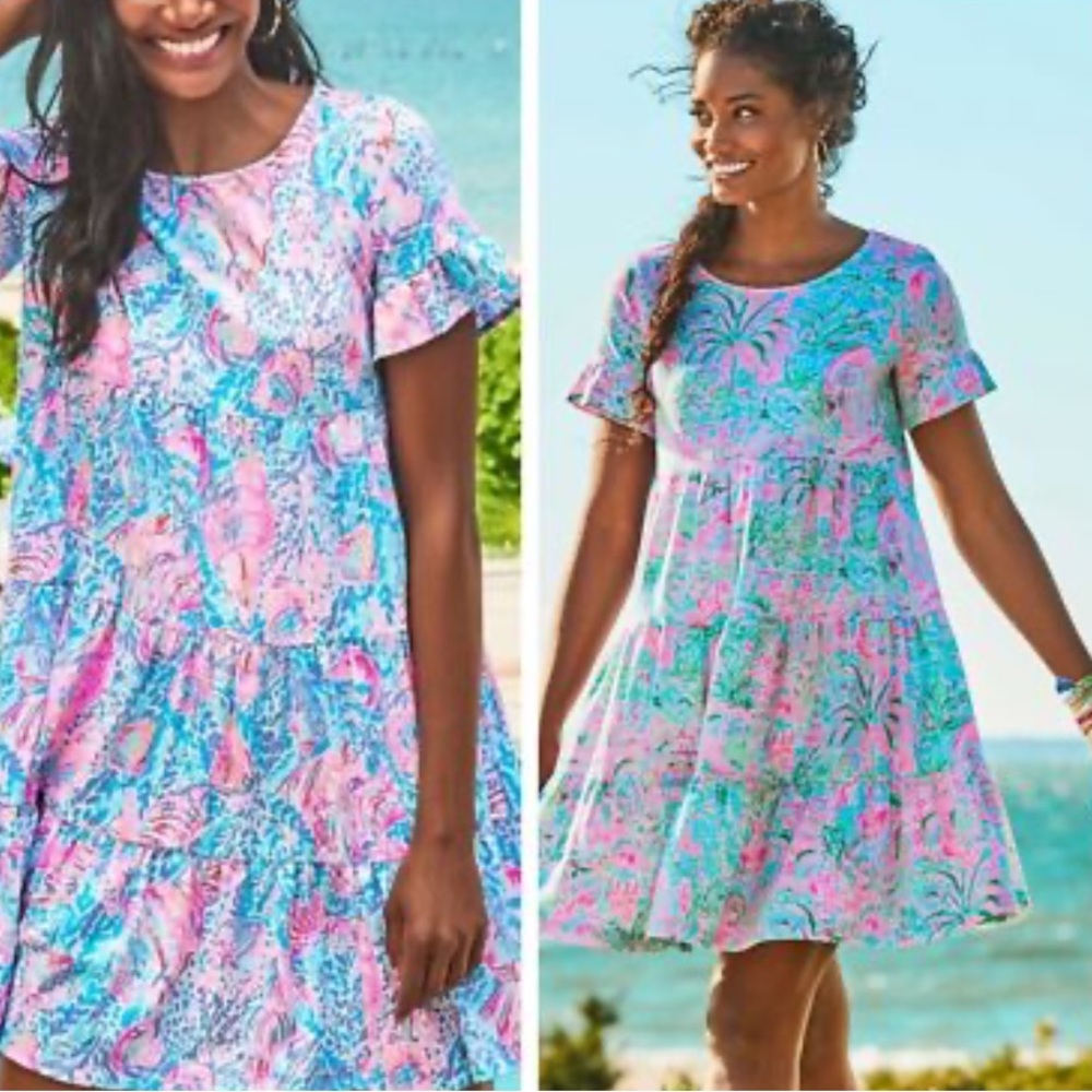 New Lilly Pulitzer Geanna Flutter Sleeve Green Ruffled Smocked Dress - Picture 4 of 14